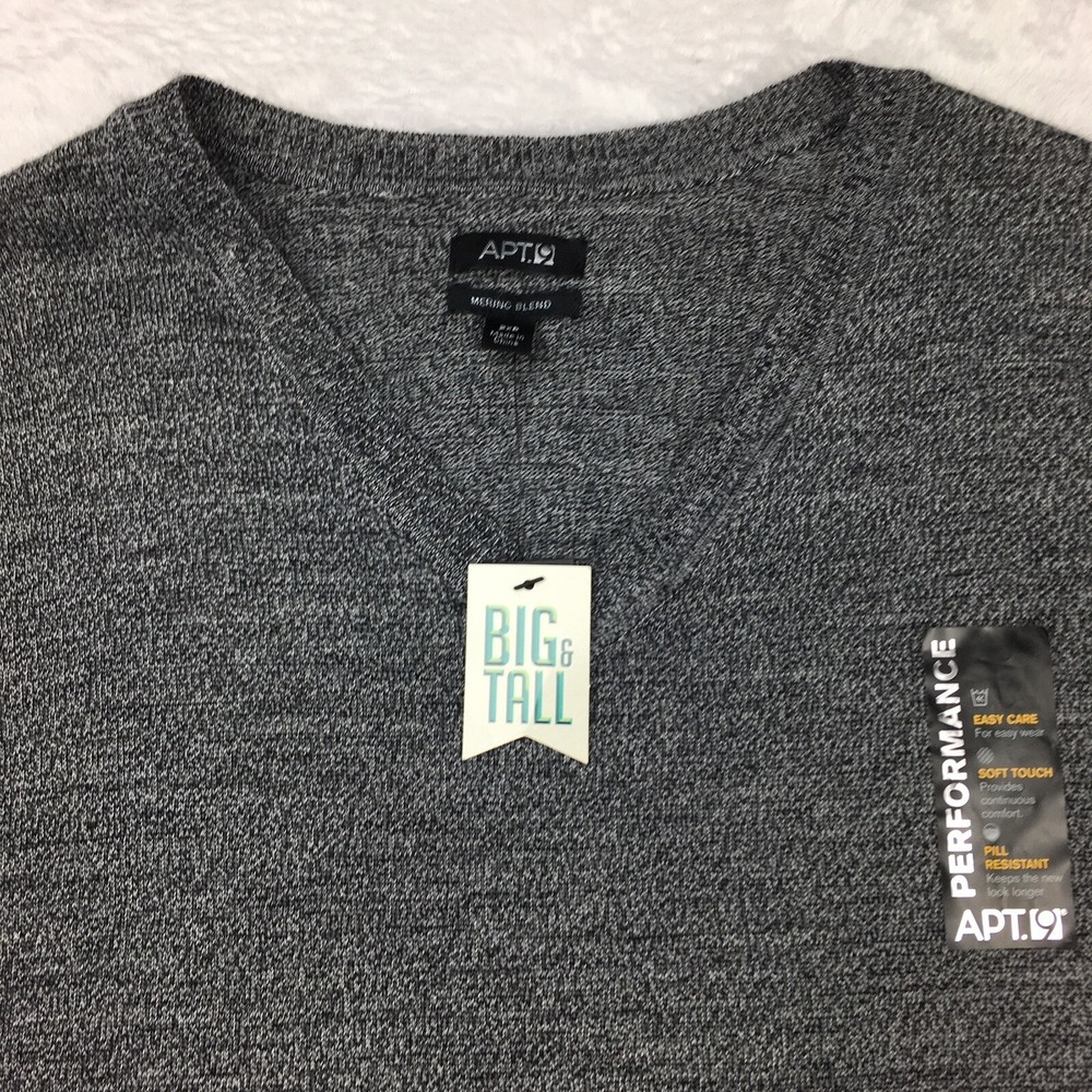 Apt 9 V-Neck Sweater Mens 2XB Gray Long Sleeves Soft Touch Pill Resistant
